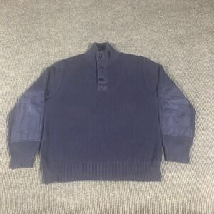 Polo Ralph Lauren Sweater Mens Large Blue Henley Ribbed Elbow Pads Preppy Casual
